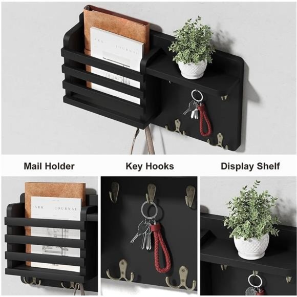 Mail Holder for Wall Mail Organizer with Key Hooks Hallway Farmhouse Decor - Picture 2 of 7